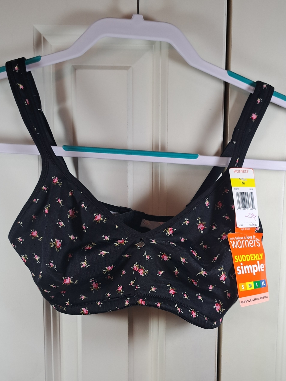 Warner's Black Bra with Pink Floral Print